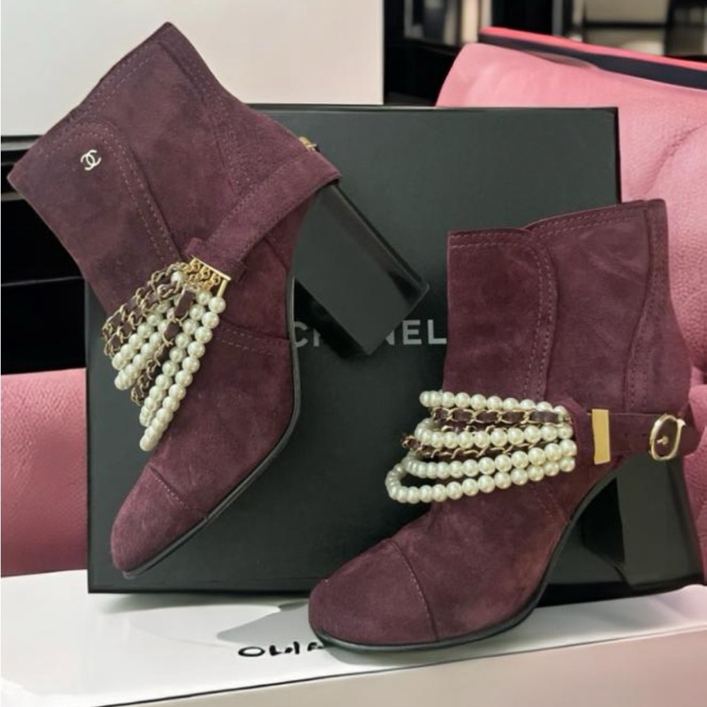 Chanel Burgundy Chest Velvet Cap Toe Pearl Chain Ankle Boots/Booties
